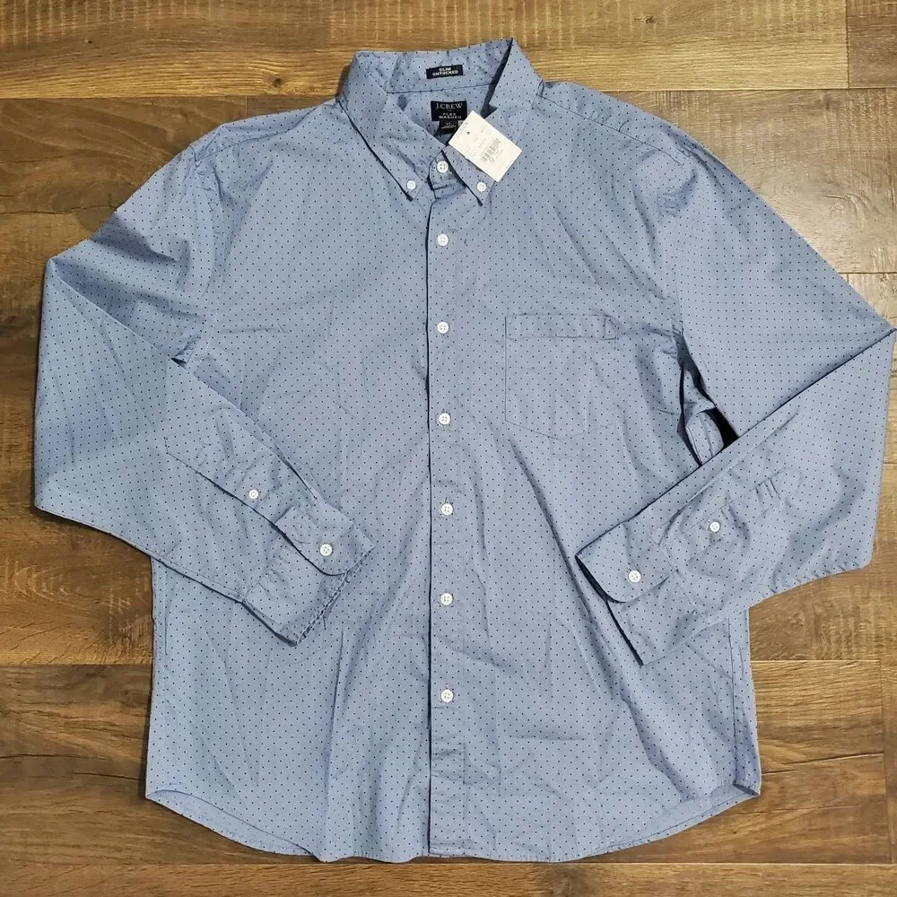 J. Crew Flex Washed Shirt Button Down Men XL Blue Polka Dots Stretch Slim NEW